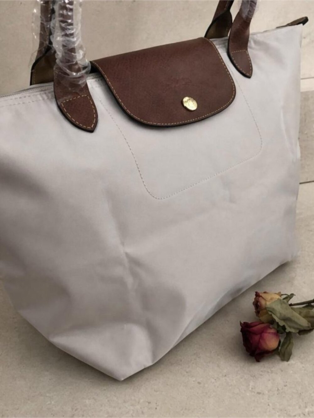Longchamp Light Gray Tote with Brown Leather Trim - Picture 9 of 9